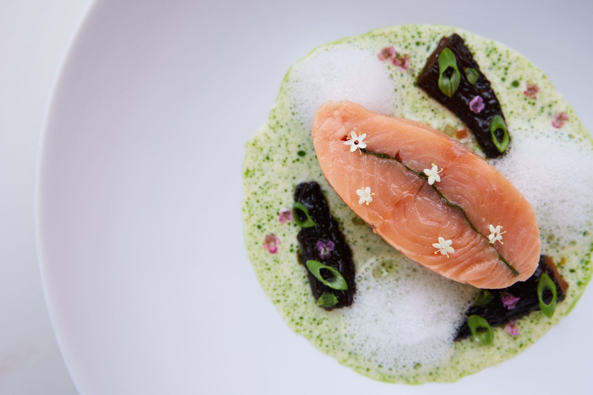 圖八、羊肚菌旬魚佐香檳醬－旬節鮮魚視當天新鮮漁獲，使用鱒魚或鱸魚菲力，香檳與羊肚菌兩者風味相互融合，蔬果切丁增添口感。