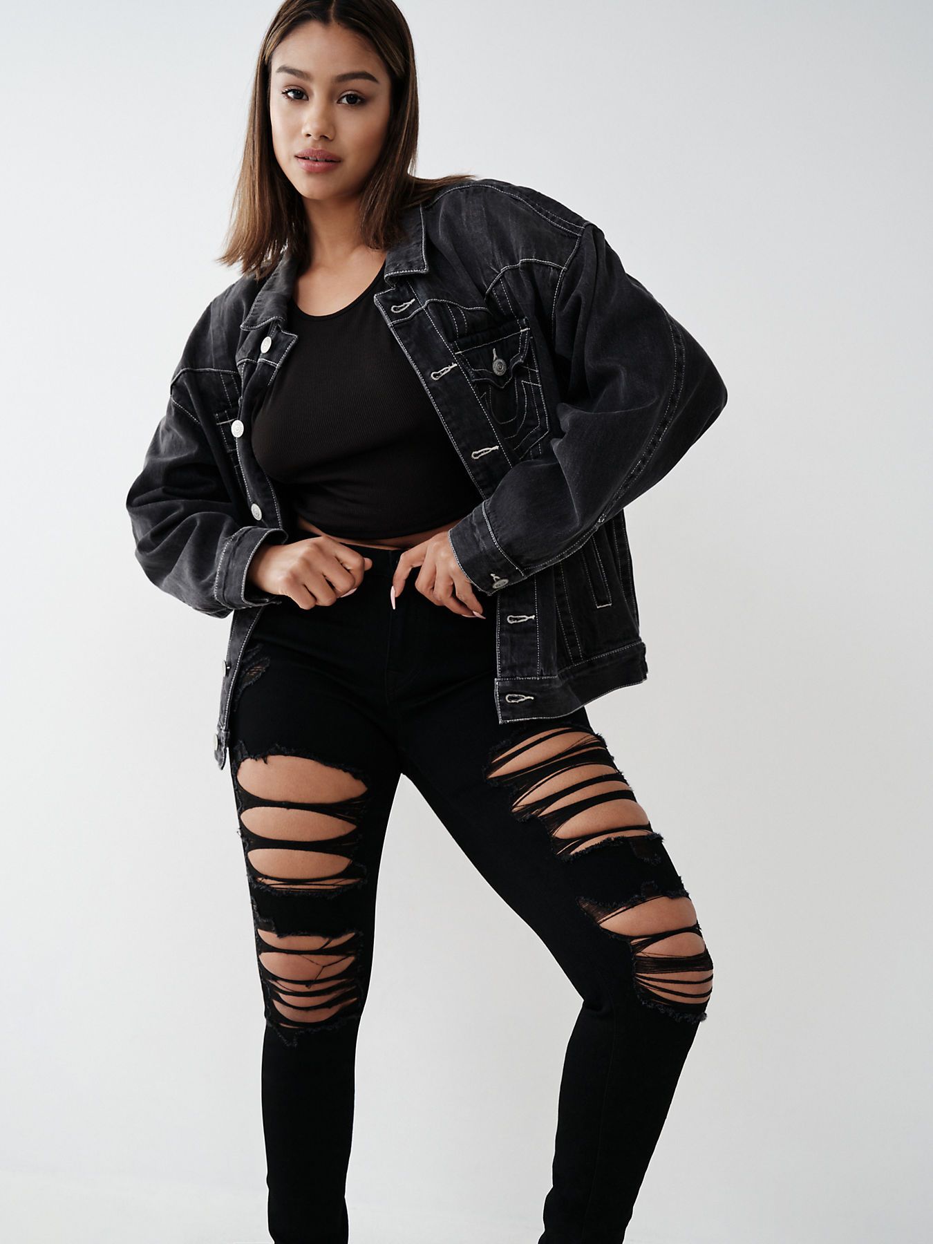 女寬版黑色白單線牛仔外套8980