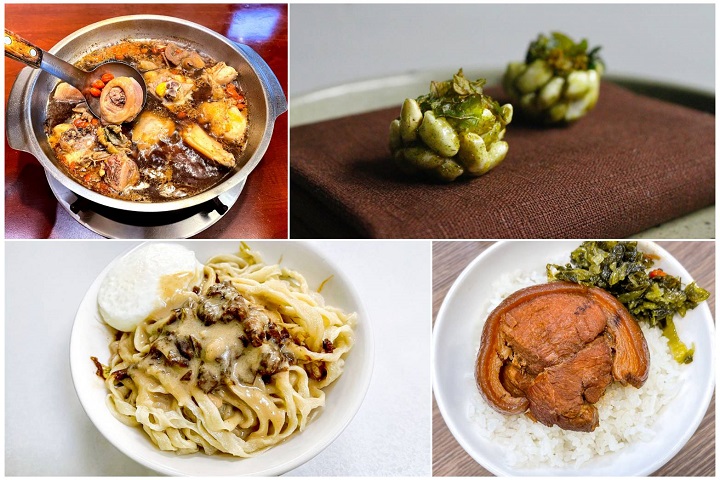 臺中四家新入選必比登推介（左上起順時鐘）：沙卡、minimal、老士官擀麵、夜間部爌肉飯。