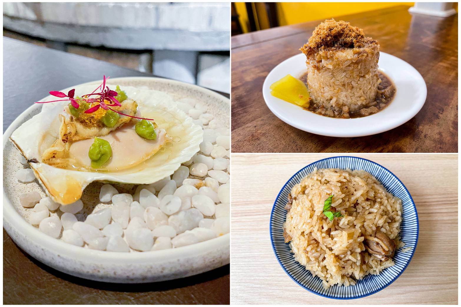 高雄新入選必比登推介：apis Grill、廖記米糕（右上）、米院子油飯（右下）。