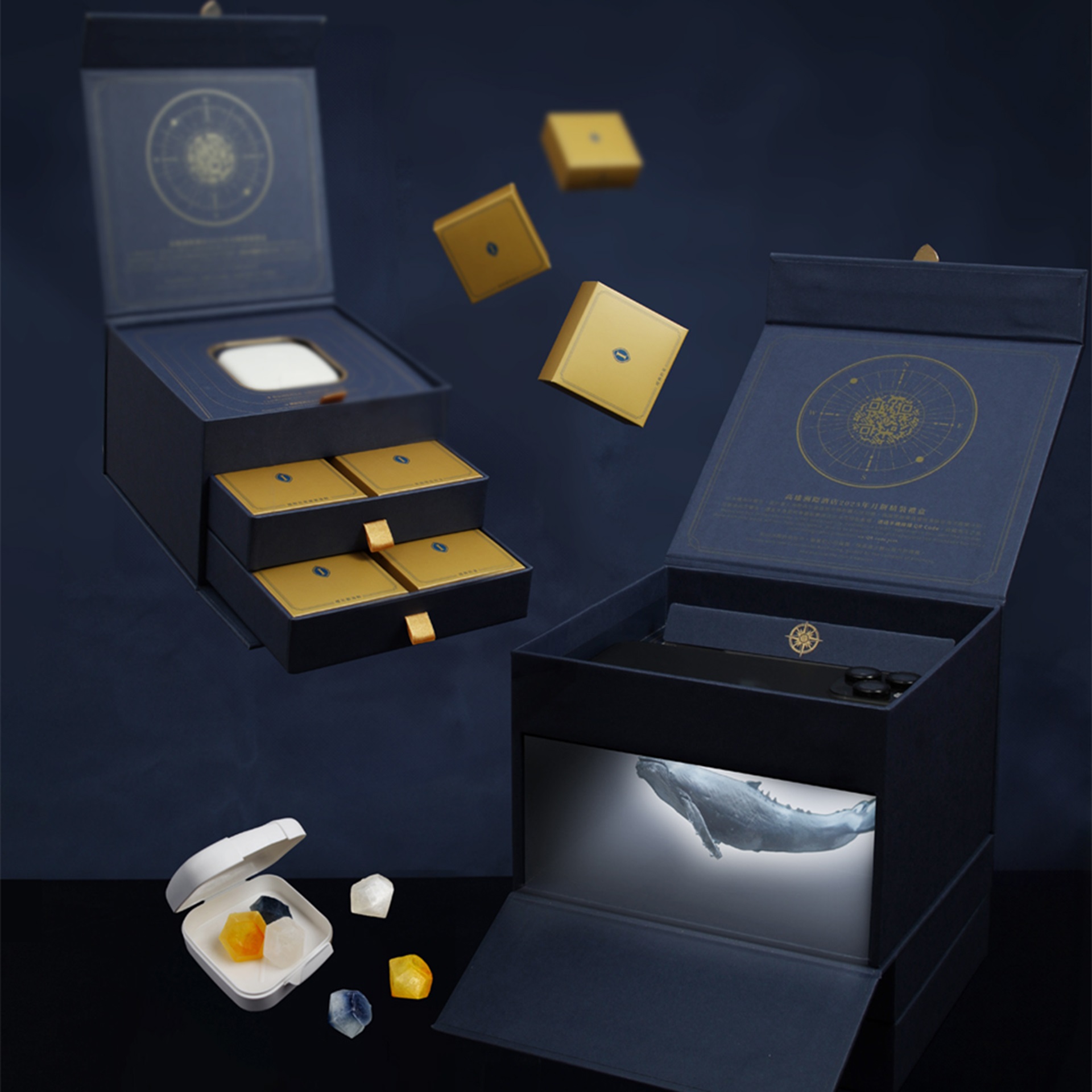 高雄洲際酒店2023中秋月餅禮盒，奢華款「豐海映月．藏寶盒」每盒定價新台幣2150元，以設計力倡議海洋永續關懷，禮盒更可蛻變為手機互動式的「迷你浮空投影劇場」。