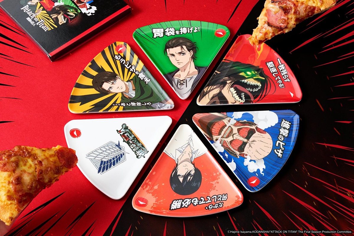 圖二：必勝客聯名《進擊的巨人》推出「進擊三角盤」，6款設計特選了人氣調查兵們及九大巨人中的重要角色，快向全套集滿的道路而戰吧！