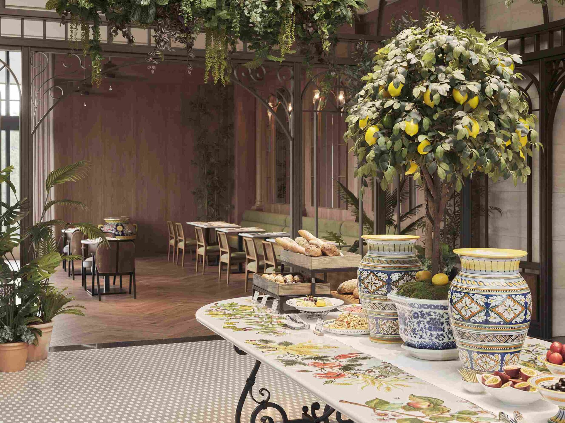 「雲水」行政酒廊運用「檸檬樹」與「橄欖樹」概念貫穿整體設計。 2