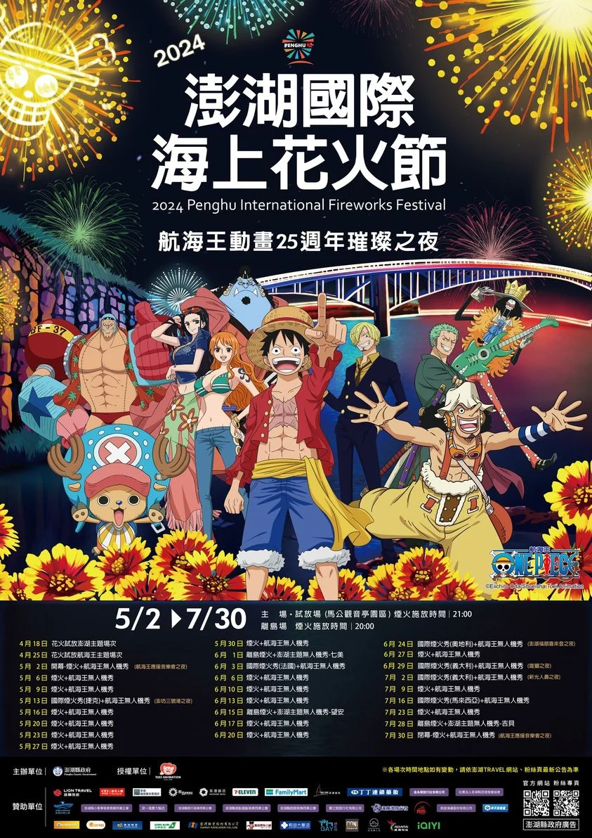 【翻攝澎湖國際海上花火節臉書】今年的澎湖花火節和日本動漫作品《航海王》合作，並引進了無人機技術表演，令人目不暇給。