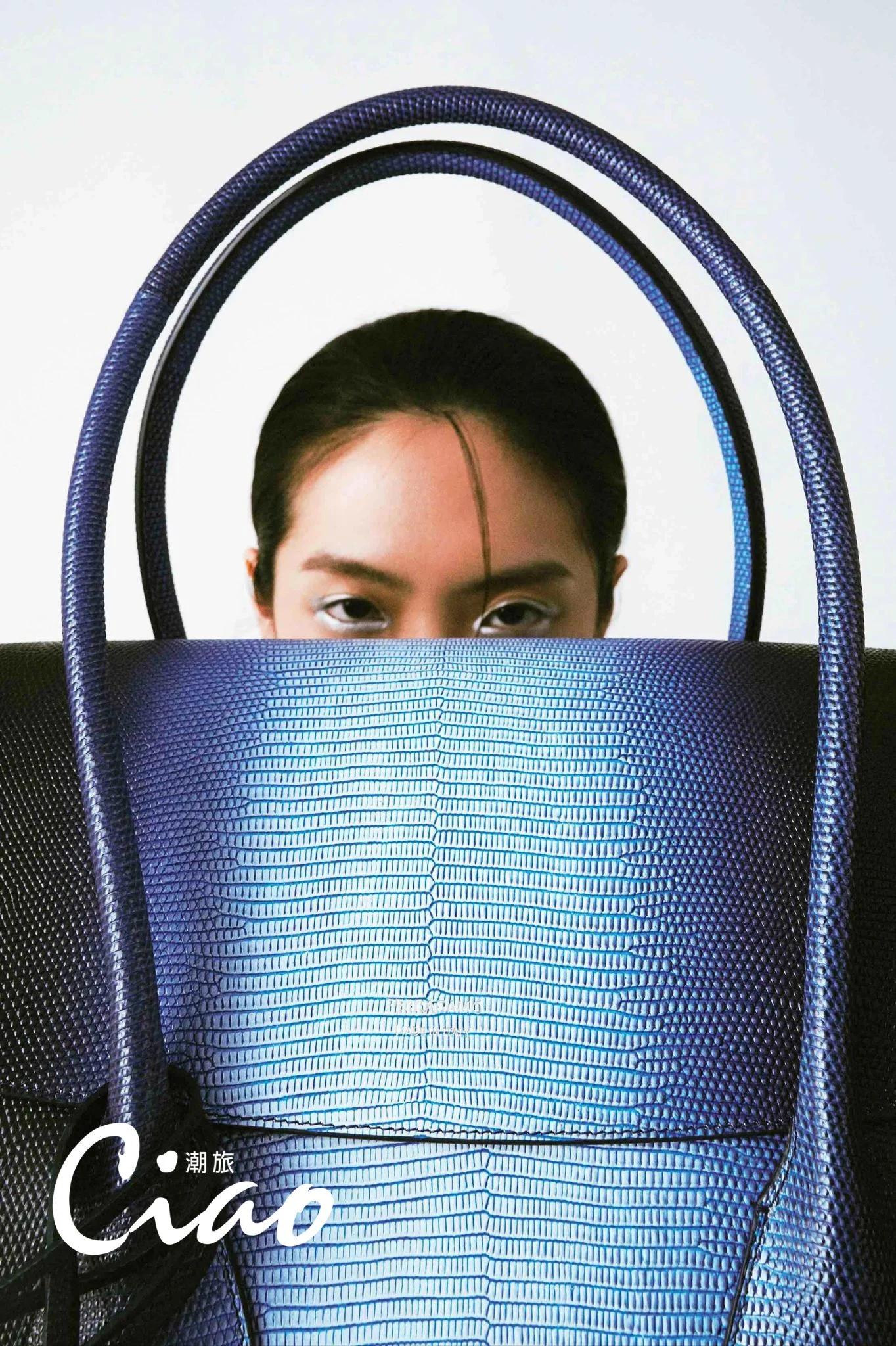 【時尚】黑綠白拼接洋裝、黑色長褲、藍黑漸層造型皮革托特包、藍白撞色fiamma肩背包／ferragamo、黑色皮革涼鞋／longchamp 2 4