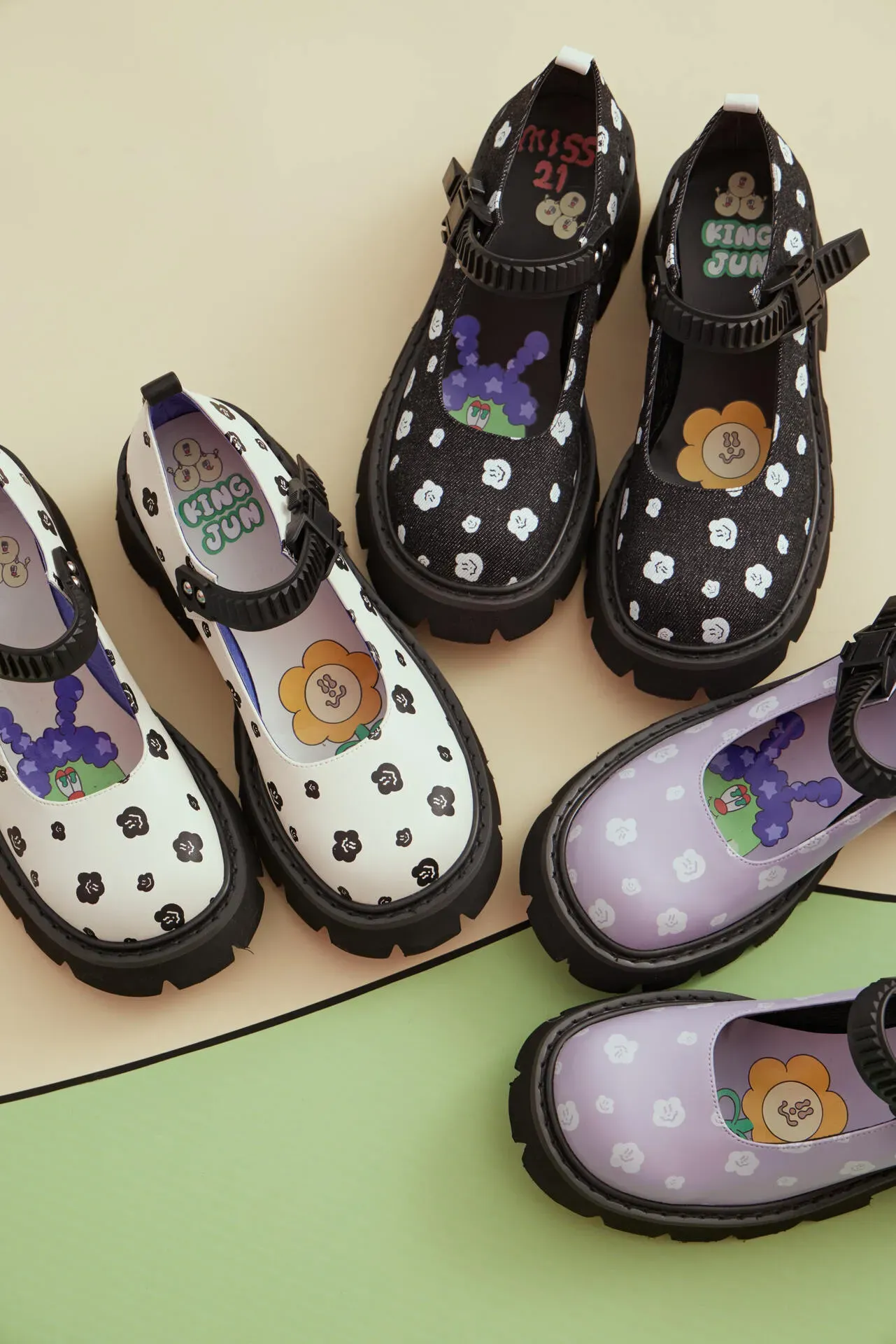 Miss 21 X Kingjun 病毒花花瑪莉珍大頭鞋 77黑.立可白.醺醺紫(快閃店限定色) Nt2980 01