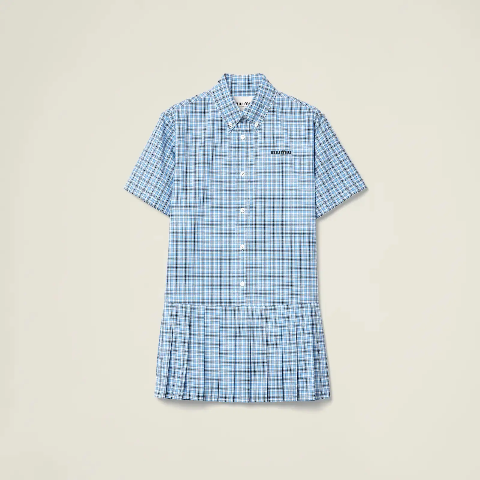 2025春夏穿搭指南！用「可麗露風」混搭流行元素【miu Miu】百褶格紋府綢連身裙