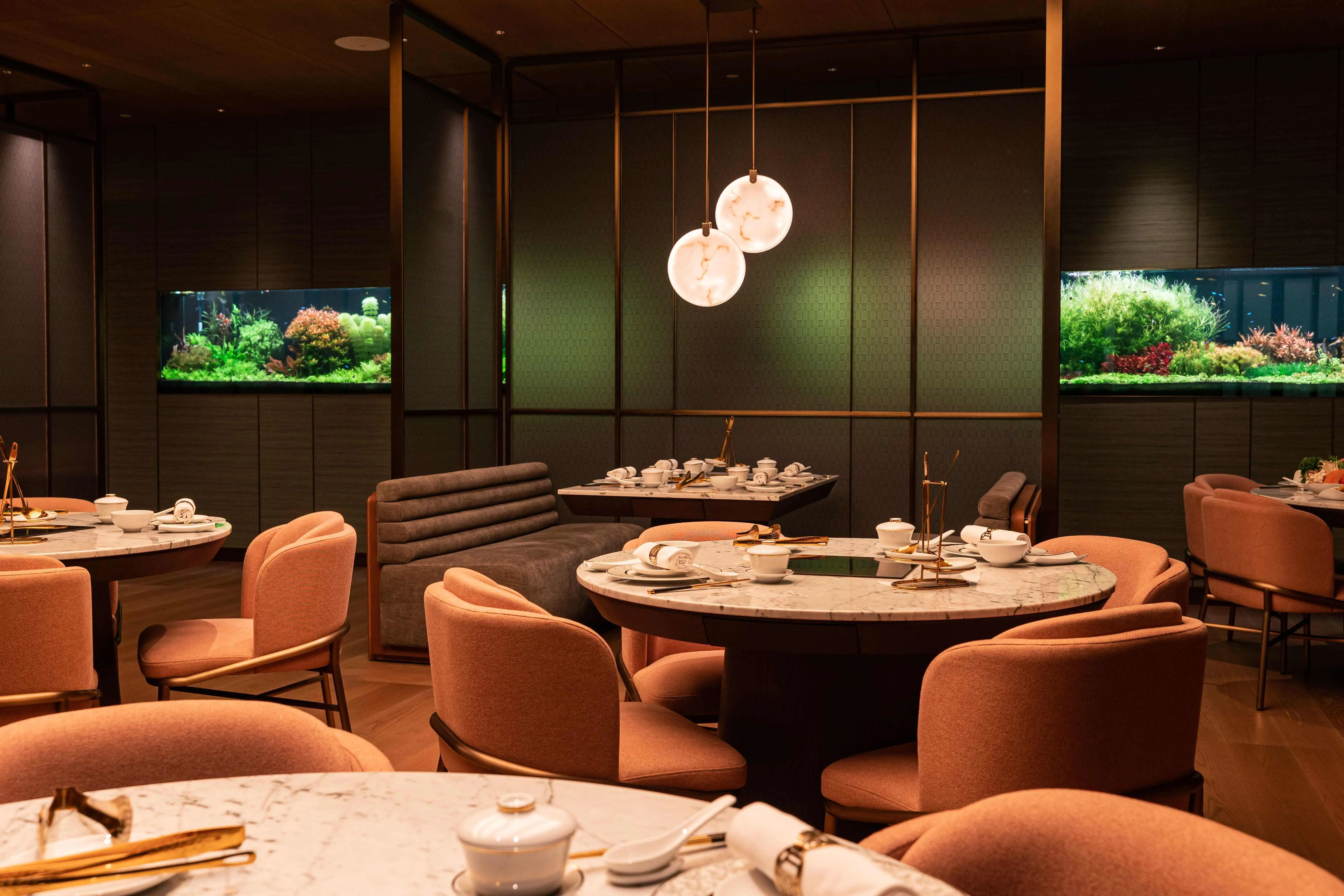 臺中勤美洲際酒店 采月鍋品【©阿鬼】綠意包圍的空間陳設及生趣盎然的水族箱,讓置身「采月鍋品」用餐也能感受到自然野趣。