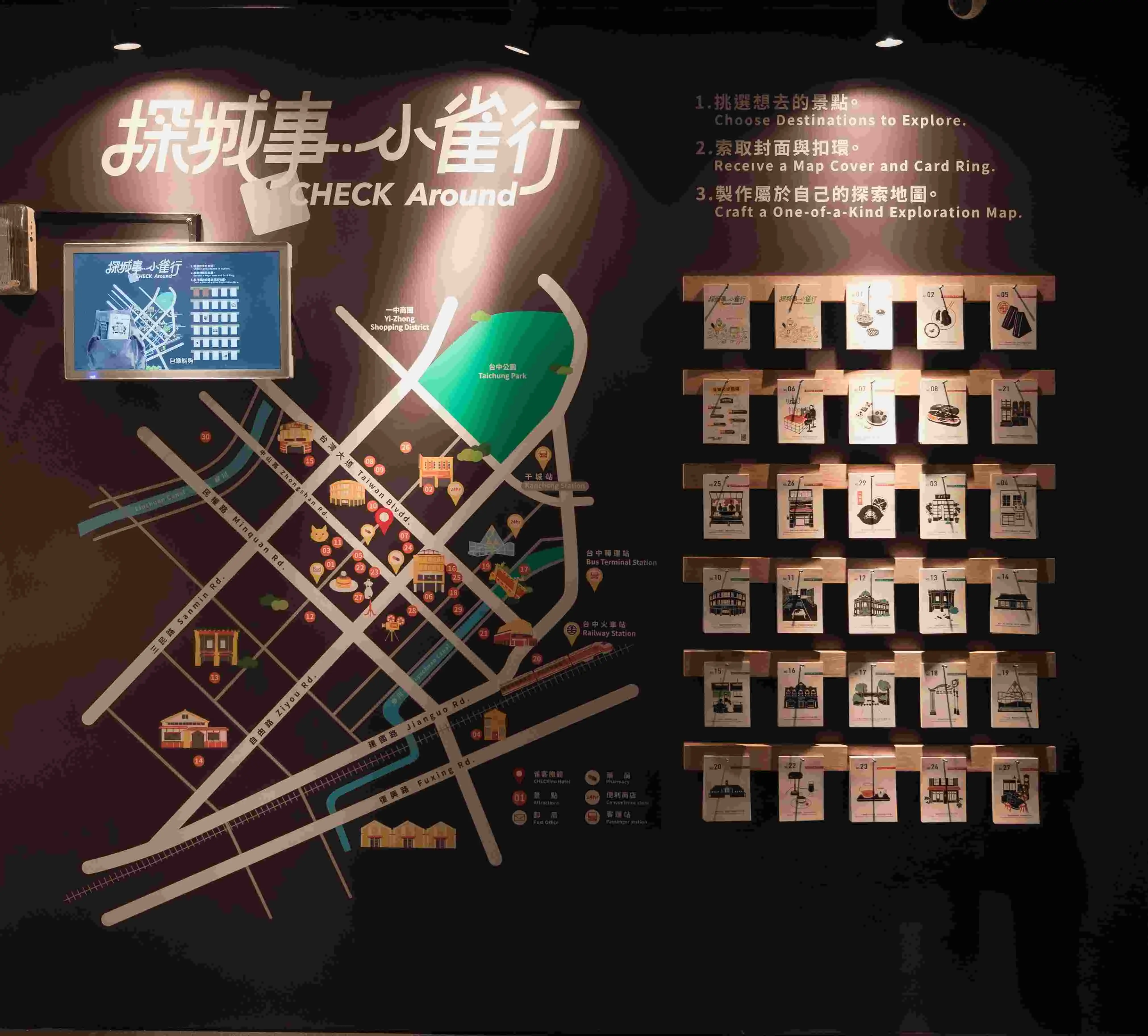 雀客旅館 – 台中中山「探城事.小雀行」 在舊城區找尋chill城趣【text Chen Li Photo 阿鬼】除了地圖和景點圖卡外,牆上的屏幕還播放著在地嚮導「小雀」的景點介紹,讓人於視於聽